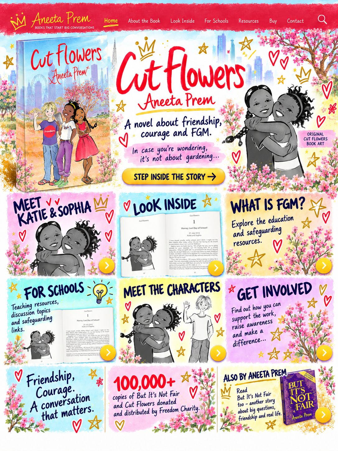 Cut Flowers by Aneeta Prem MBE, an illustrated novel about friendship, courage and FGM, with the published cover, Katie and Sophia, a book preview and school resources